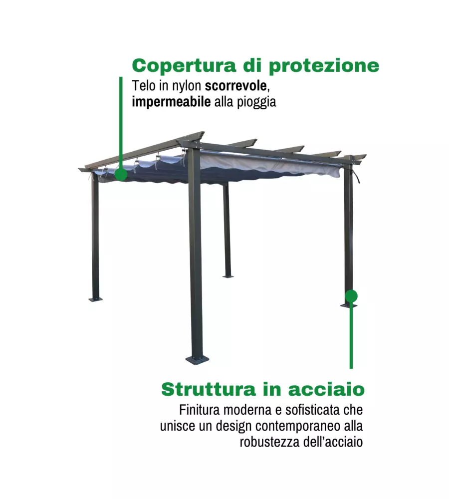 GAZEBO PERGOLA DA ESTERNO EUROGARDEN "DAIANA" IN ACCIAIO GRIGIO 3X3 M