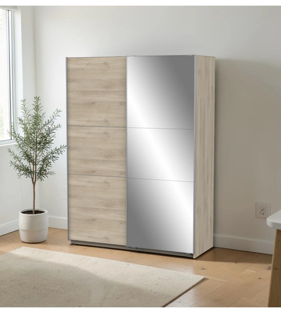ARMADIO 2 ANTE SCORREVOLI "GHOST" CON SPECCHIO EFFETTO QUERCIA 148X59,9X203 CM