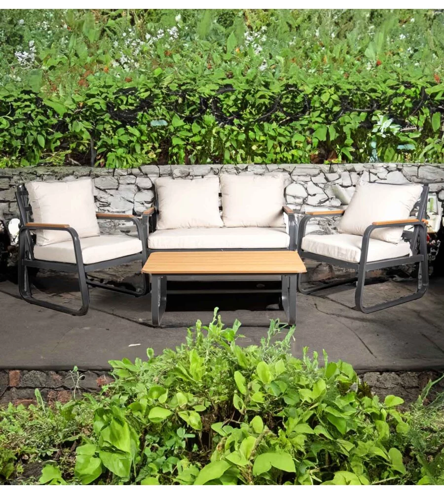 SET DA GIARDINO EUROGARDEN "ANTURIUM" IN ALLUMINIO NERO E CUSCINI ECRÙ 4 SEDUTE