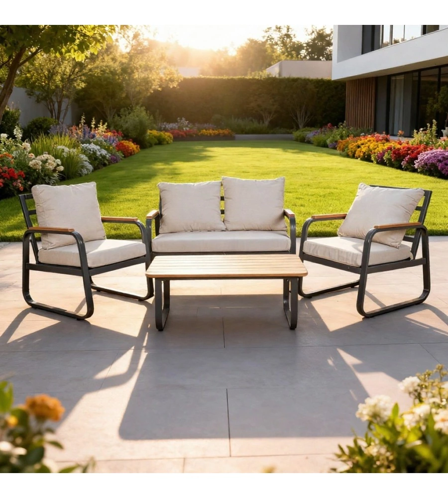 SET DA GIARDINO EUROGARDEN "ANTURIUM" IN ALLUMINIO NERO E CUSCINI ECRÙ 4 SEDUTE