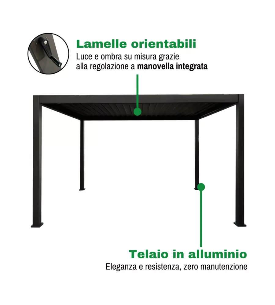 PERGOLA BIOCLIMATICA EUROGARDEN "ATENA" CON APERTURA A MANOVELLA IN ALLUMINIO ANTRACITE 3X4X2,5 MT