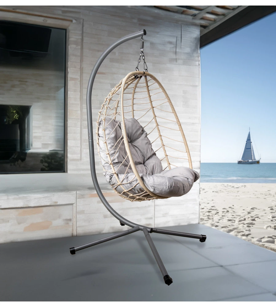 POLTRONA SOSPESA DA ESTERNO PIEGHEVOLE EUROGARDEN IN METALLO E PE RATTAN GRIGIO 92X65X110 CM