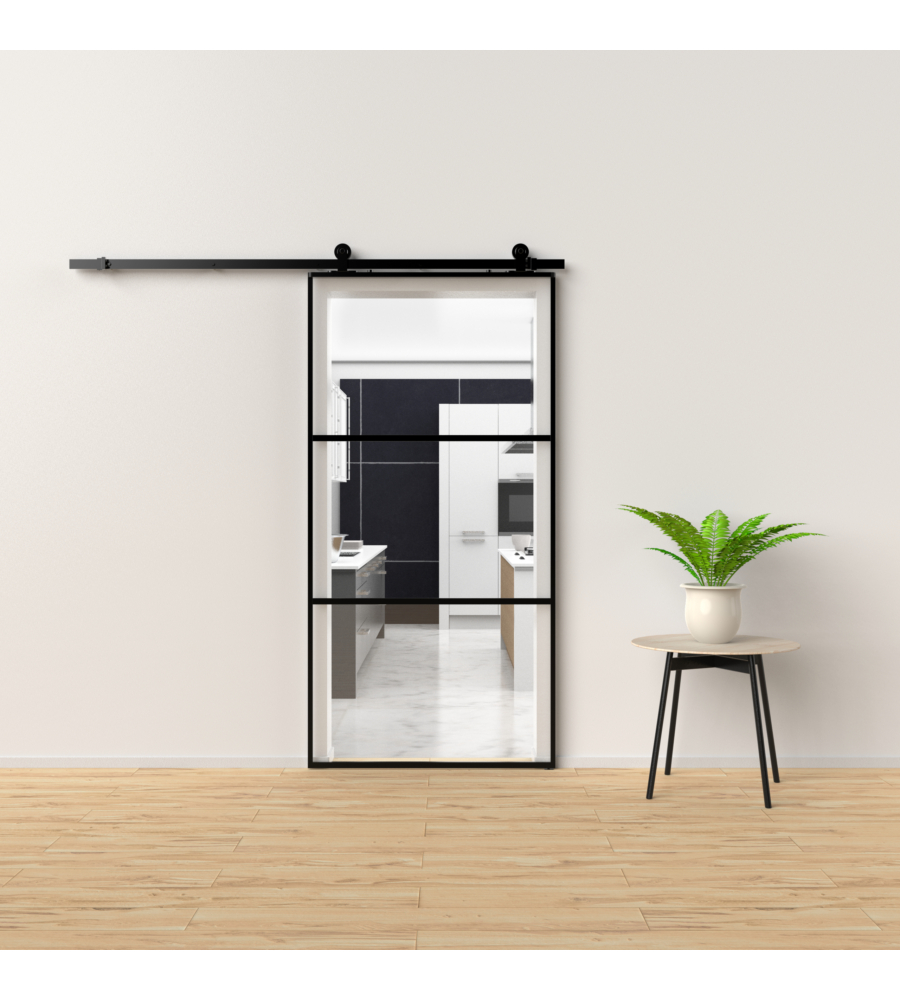 PORTA SCORREVOLE IN ALLUMINIO NERO E 3 SEZIONI IN VETRO TRASPARENTE 96X220 CM