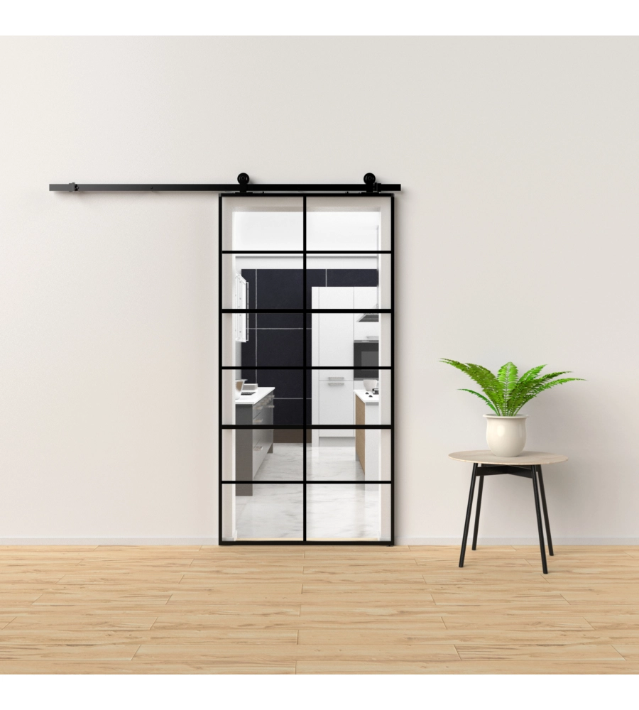 PORTA SCORREVOLE IN ALLUMINIO NERO E 12 SEZIONI IN VETRO TRASPARENTE, 96X220 CM