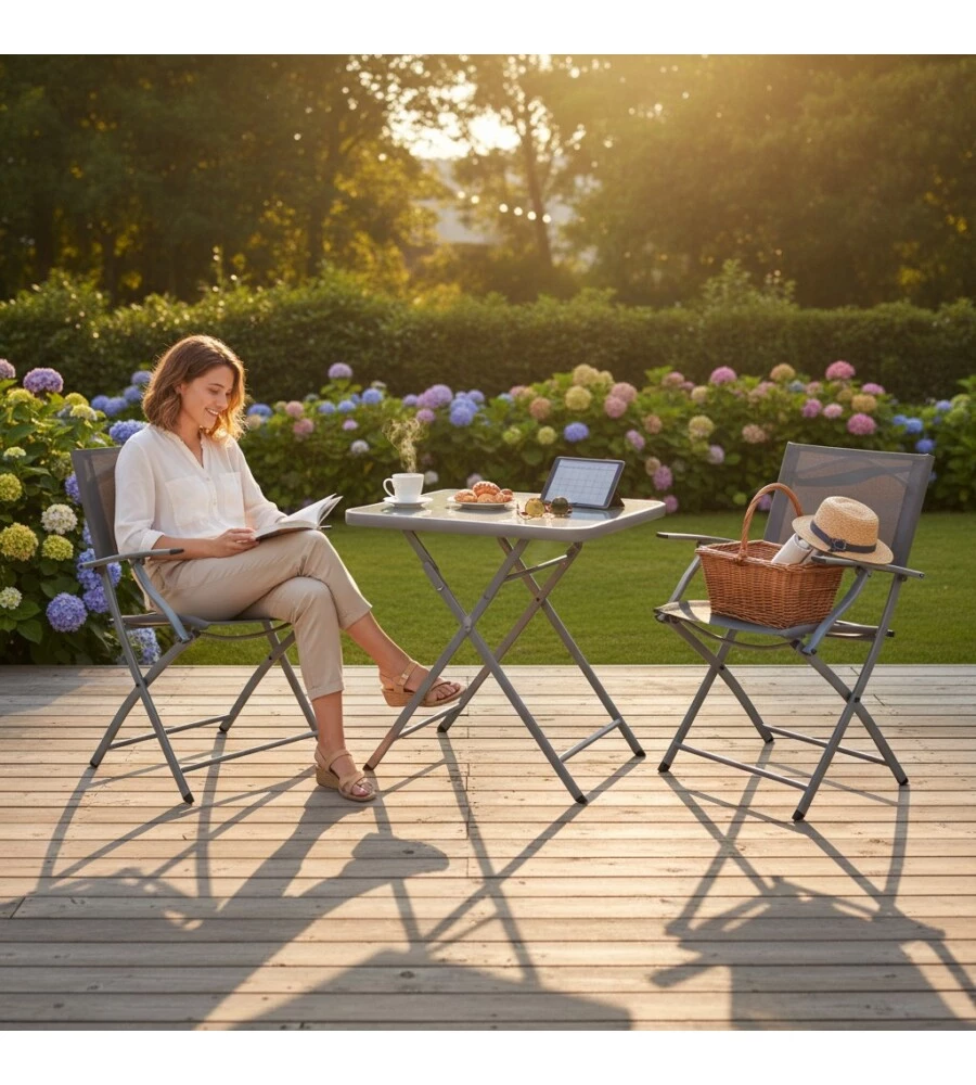 SET DA GIARDINO PIEGHEVOLE EUROGARDEN "ANEMONE"  IN ACCIAIO E TEXTILENE GRIGIO 2 SEDUTE E TAVOLINO