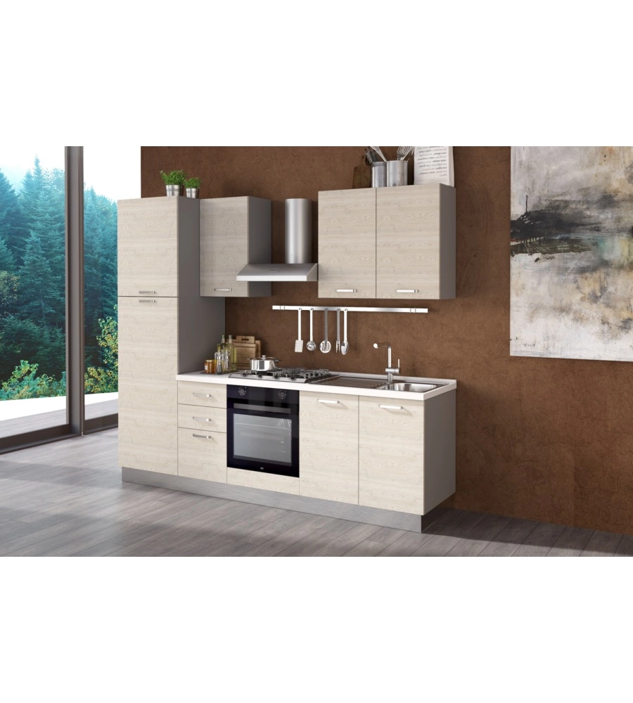 COMPOSIZIONE CUCINA COMPLETA ARES CON LAVELLO A DESTRA E PIANO COTTURA A GAS, 255X60X216 CM