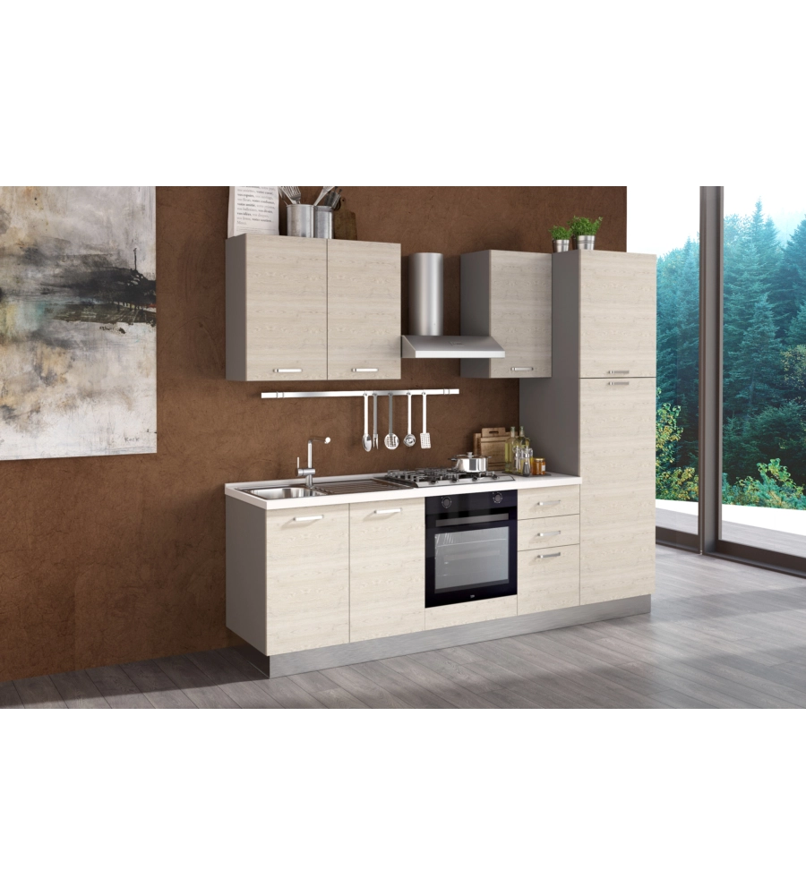 COMPOSIZIONE CUCINA COMPLETA ARES CON LAVELLO A SINISTRA E PIANO COTTURA A GAS, 255X60X216 CM