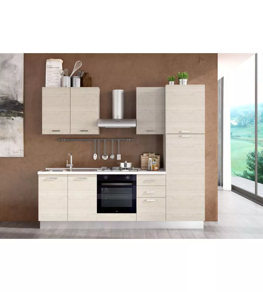 COMPOSIZIONE CUCINA COMPLETA ARES CON LAVELLO A SINISTRA E PIANO COTTURA A GAS, 255X60X216 CM
