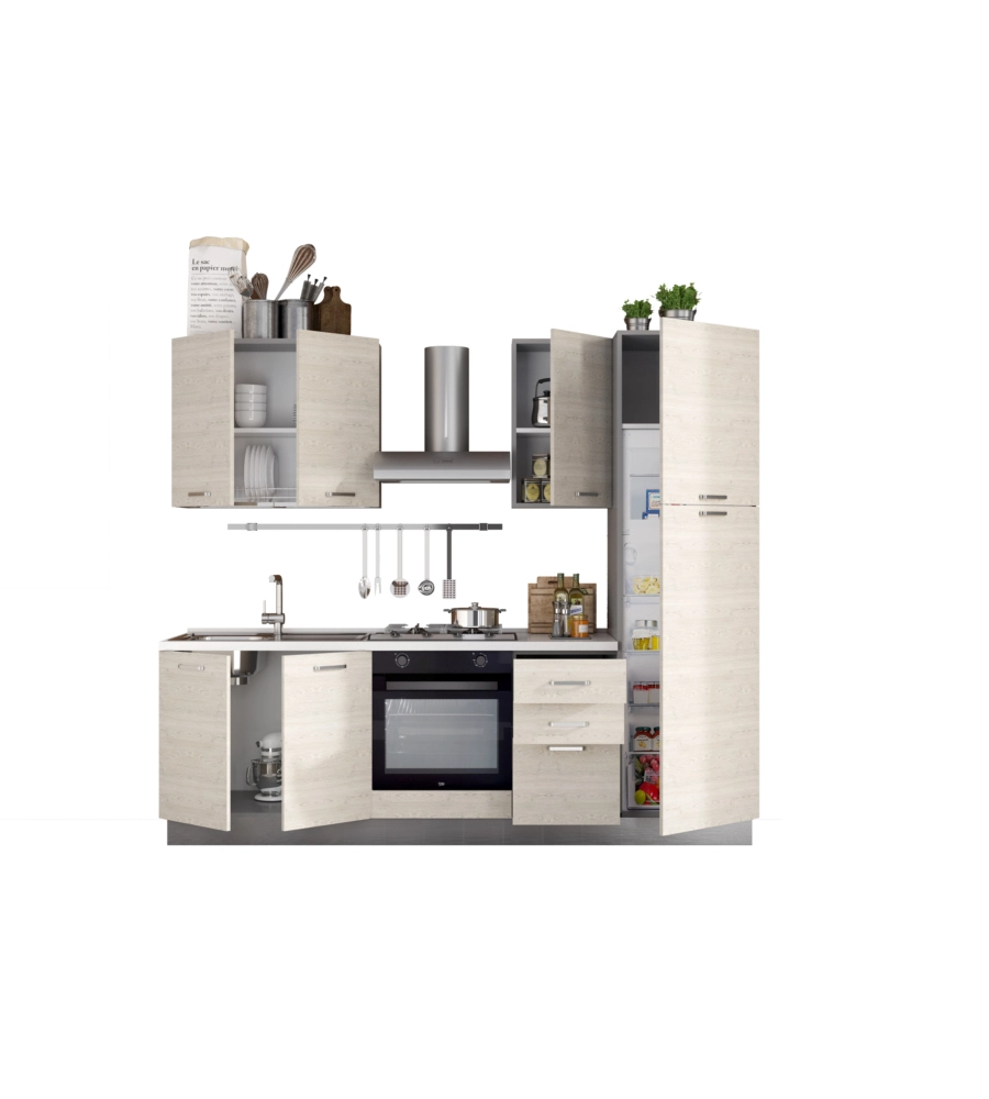 COMPOSIZIONE CUCINA COMPLETA ARES CON LAVELLO A SINISTRA E PIANO COTTURA A GAS, 255X60X216 CM