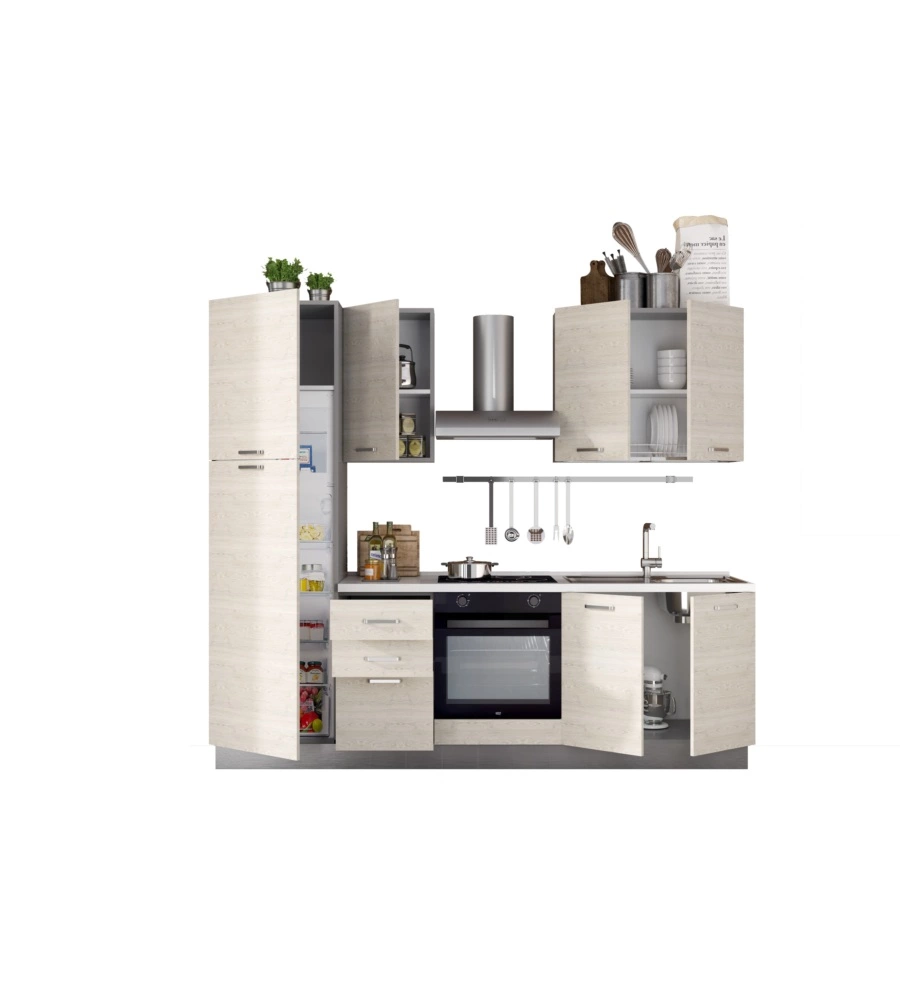 COMPOSIZIONE CUCINA COMPLETA ARES CON LAVELLO A DESTRA E PIANO COTTURA AD INDUZIONE, 255X60X216 CM
