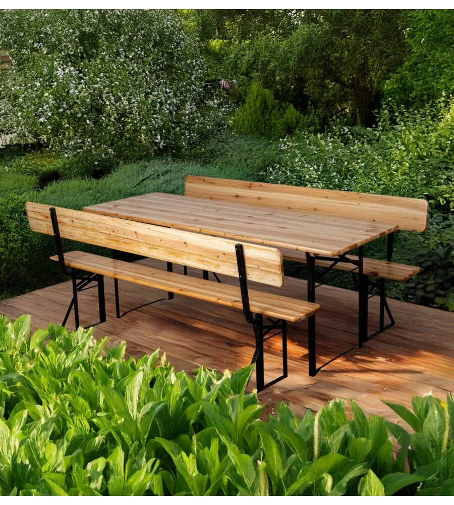 SET BIRRERIA DA GIARDINO PIEGHEVOLE EUROGARDEN IN LEGNO E METALLO DUE PANCHE CON SCHIENALE E TAVOLO 200X70 CM
