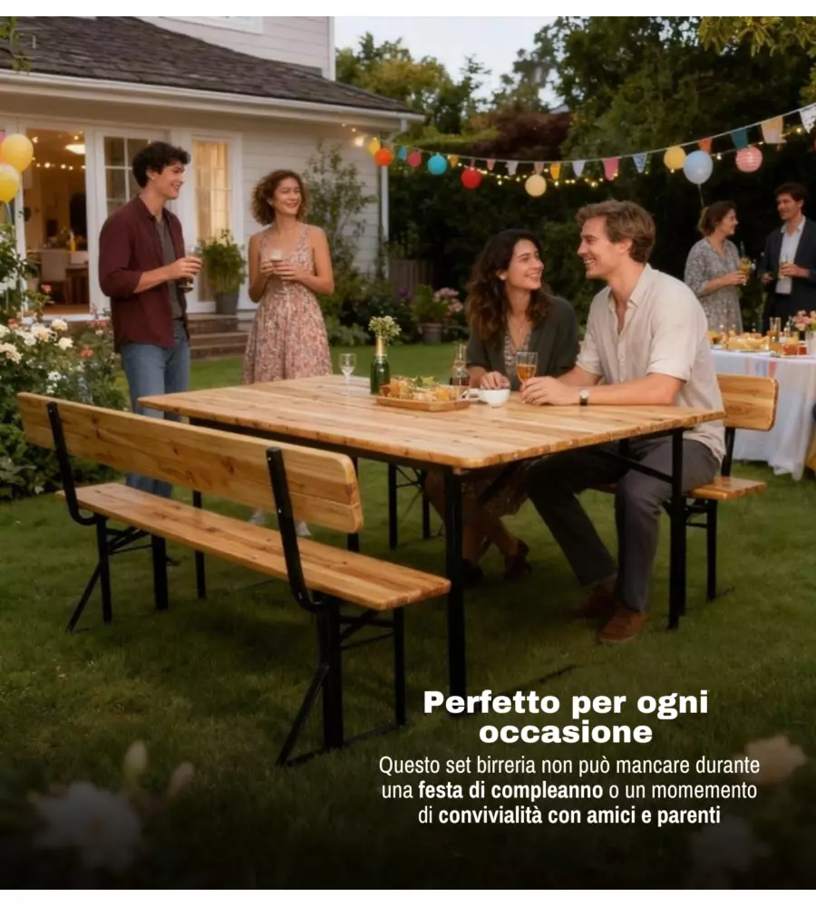 SET BIRRERIA DA GIARDINO PIEGHEVOLE EUROGARDEN IN LEGNO E METALLO DUE PANCHE CON SCHIENALE E TAVOLO 200X70 CM