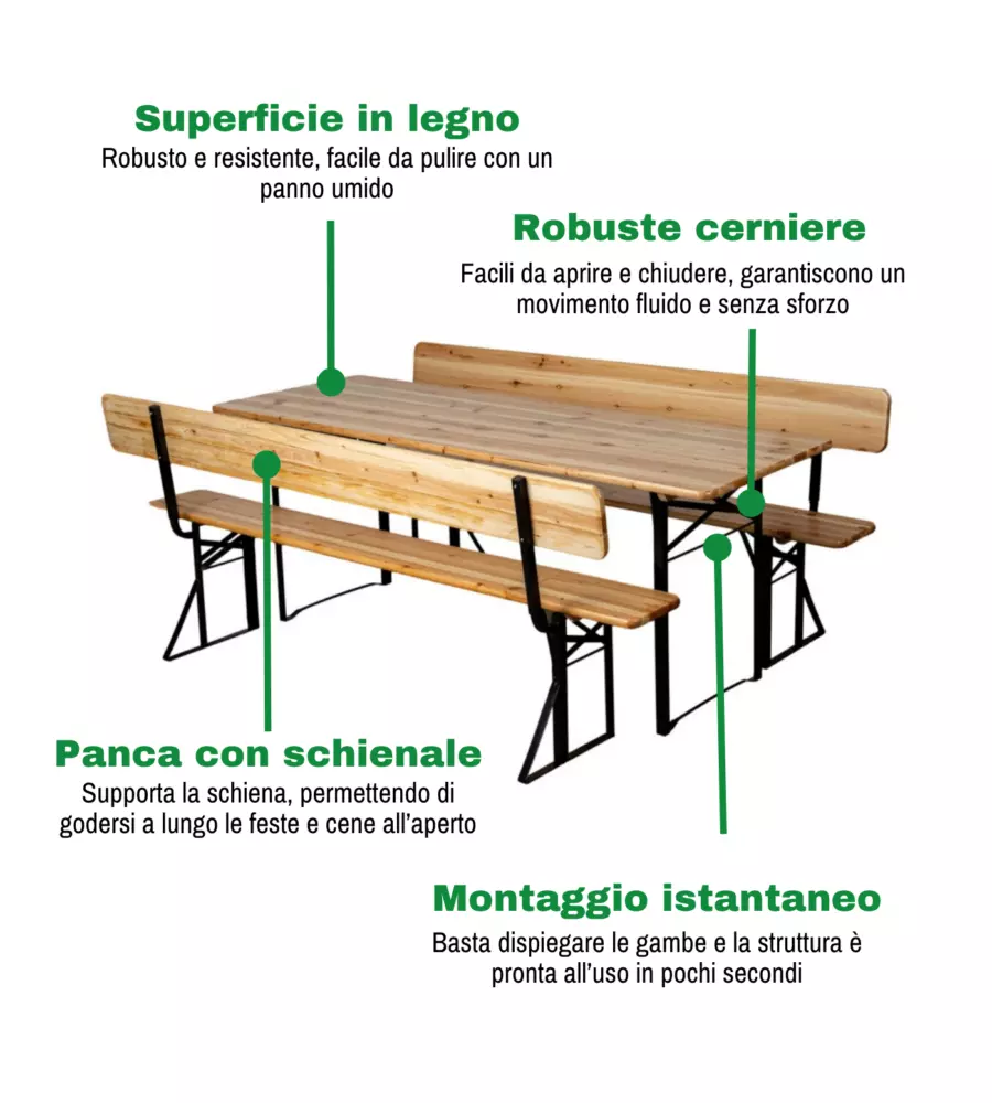 SET BIRRERIA DA GIARDINO PIEGHEVOLE EUROGARDEN IN LEGNO E METALLO DUE PANCHE CON SCHIENALE E TAVOLO 200X70 CM