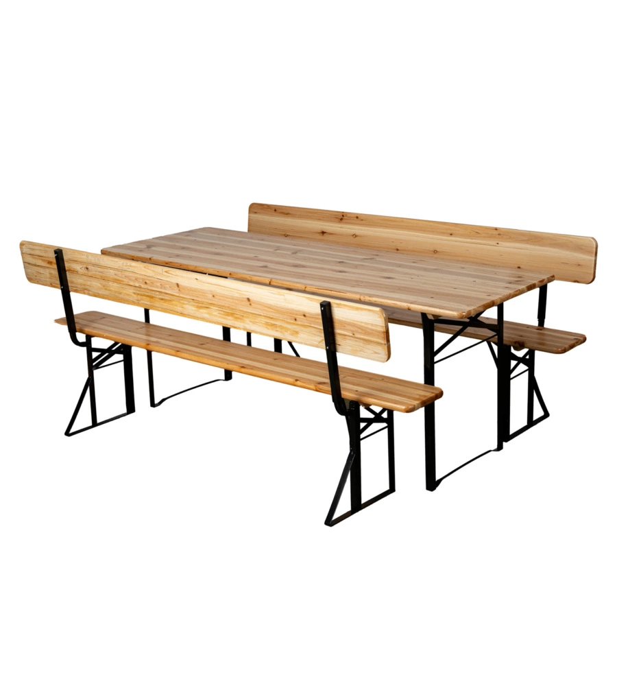 SET BIRRERIA DA GIARDINO PIEGHEVOLE EUROGARDEN IN LEGNO E METALLO DUE PANCHE CON SCHIENALE E TAVOLO 200X70 CM
