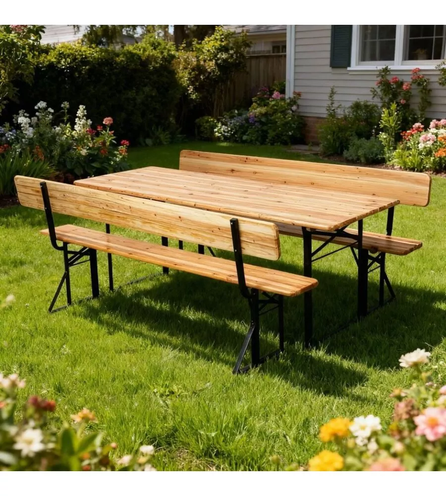 SET BIRRERIA DA GIARDINO PIEGHEVOLE EUROGARDEN IN LEGNO E METALLO DUE PANCHE CON SCHIENALE E TAVOLO 200X70 CM