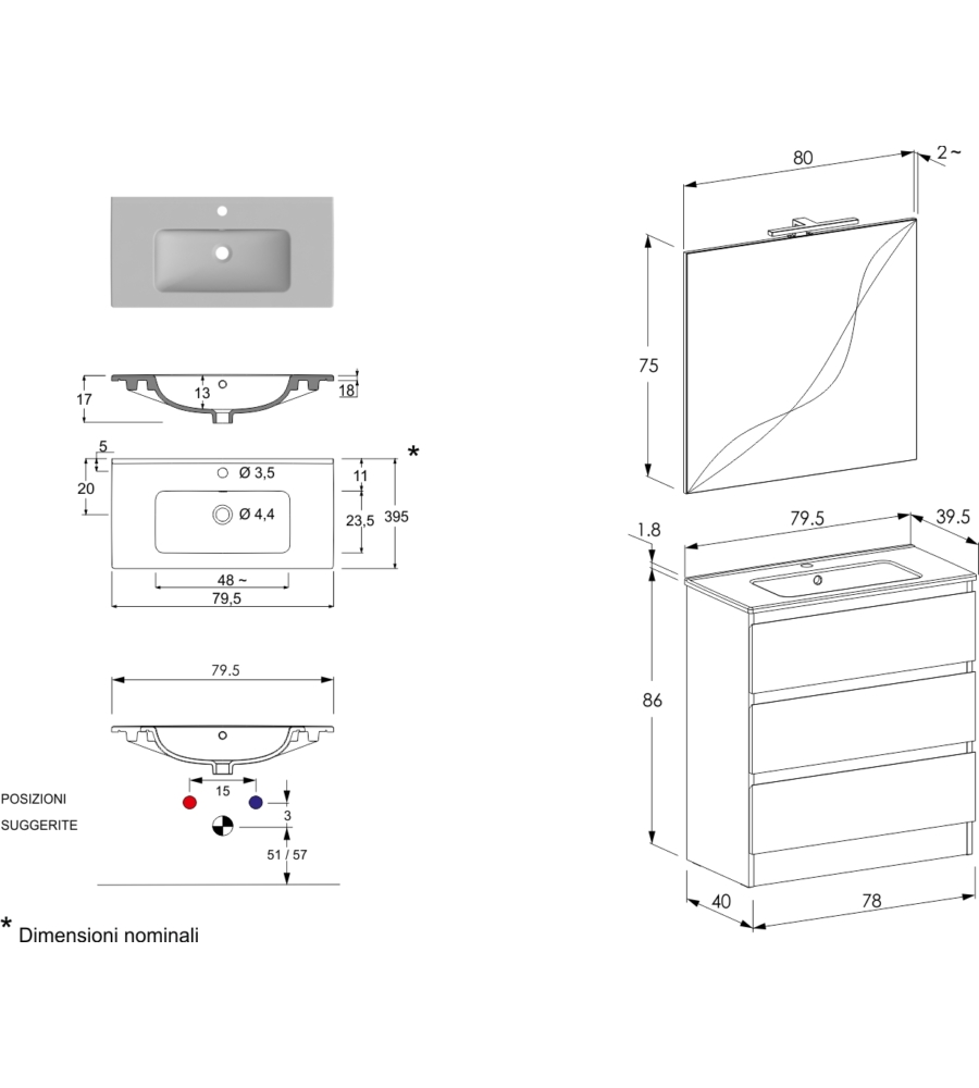 MOBILE BAGNO DA TERRA "LEONARDO" 3 CASSETTI ROVERE, 78X39,5X85 CM