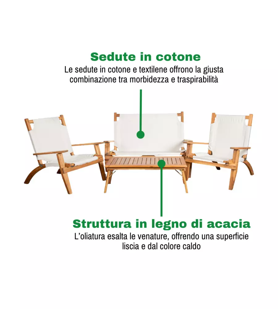 SET DA ESTERNO PIEGHEVOLE EUROGARDEN "PRIMAVERA" IN LEGNO DI ACACIA E POLIESTERE ECRÙ 4 SEDUTE E TAVOLINO