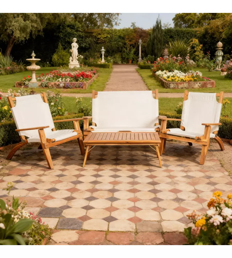 SET DA ESTERNO PIEGHEVOLE EUROGARDEN "PRIMAVERA" IN LEGNO DI ACACIA E POLIESTERE ECRÙ 4 SEDUTE E TAVOLINO