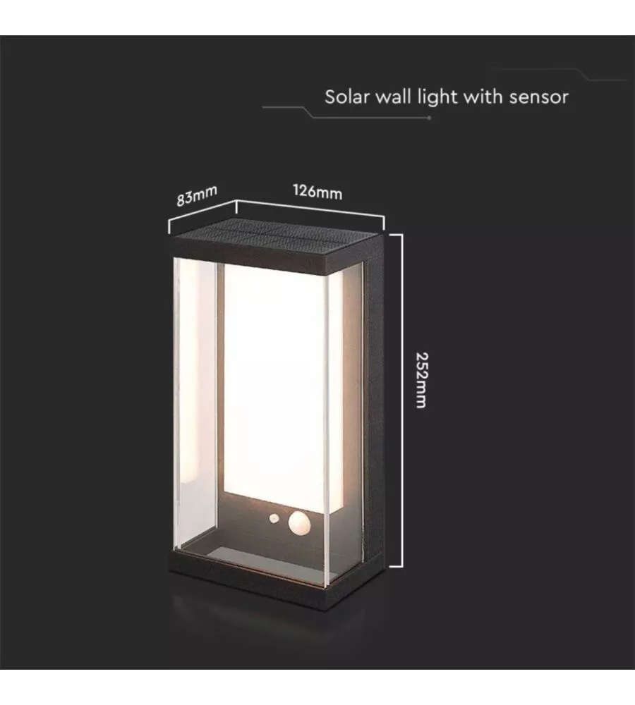 APPLIQUE NERO A LED CON PANNELLO SOLARE 3000K, 8,3X12,6X25,2 CM