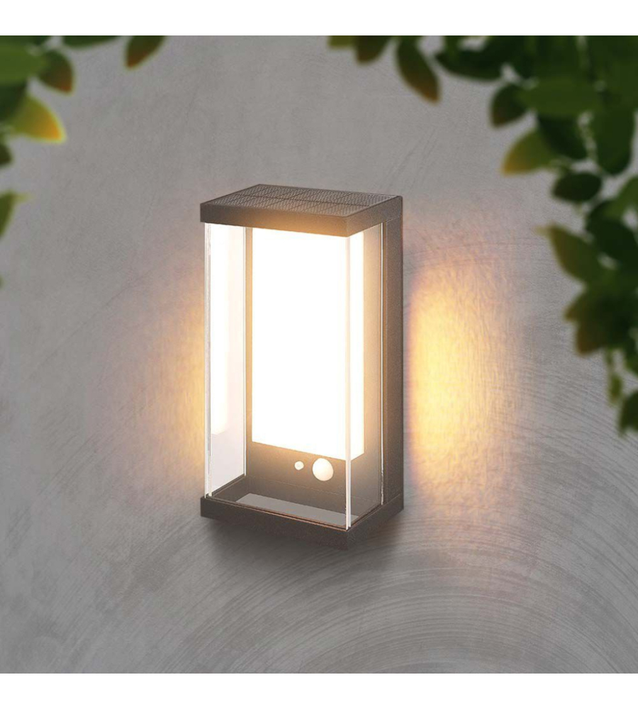 APPLIQUE GRIGIO SCURO A LED CON PANNELLO SOLARE 3000K, 8,3X12,6X25,2 CM
