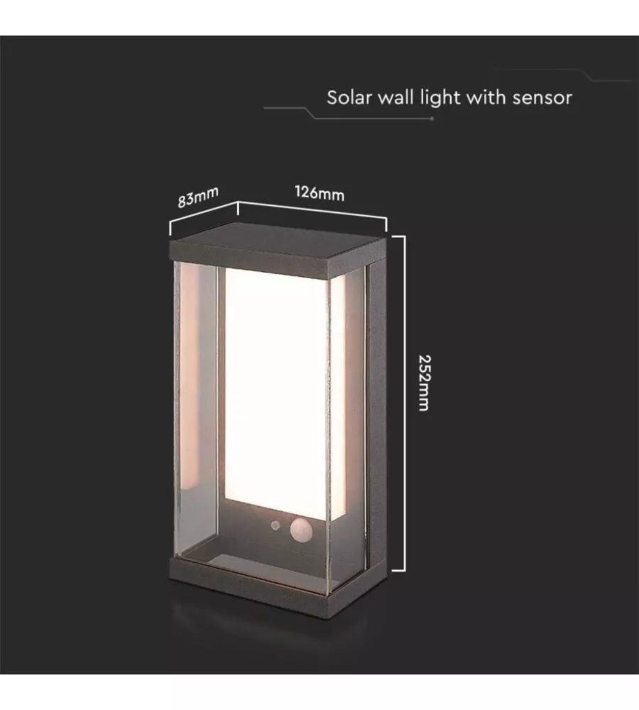 APPLIQUE GRIGIO SCURO A LED CON PANNELLO SOLARE 3000K, 8,3X12,6X25,2 CM