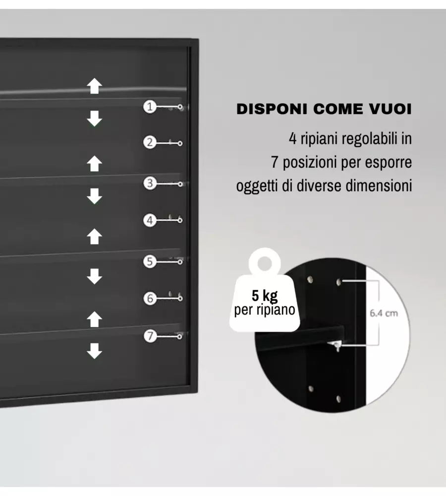 VETRINETTA ESPOSITORE PER COLLEZIONISMO BELLAHOME NERO CON ANTE IN VETRO TEMPERATO 80X11X60 CM
