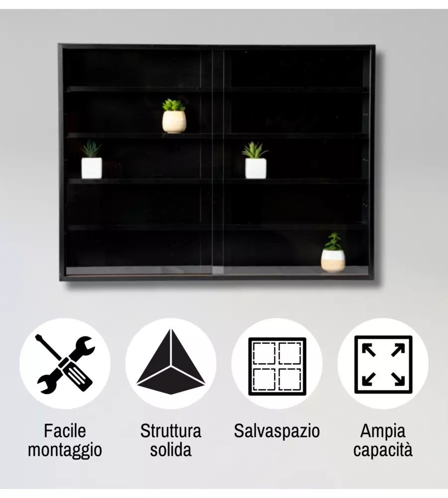 VETRINETTA ESPOSITORE PER COLLEZIONISMO BELLAHOME NERO CON ANTE IN VETRO TEMPERATO 80X11X60 CM