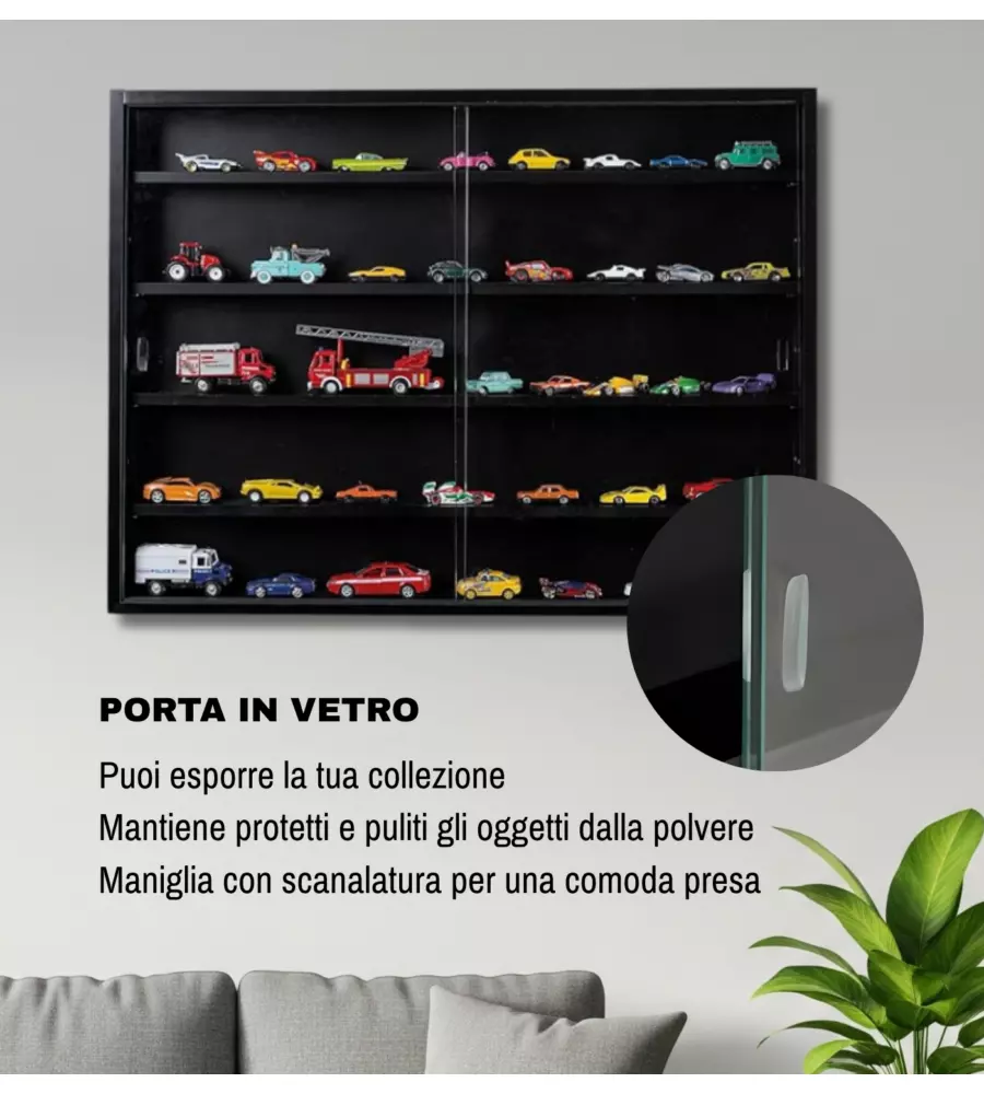 VETRINETTA ESPOSITORE PER COLLEZIONISMO BELLAHOME NERO CON ANTE IN VETRO TEMPERATO 80X11X60 CM