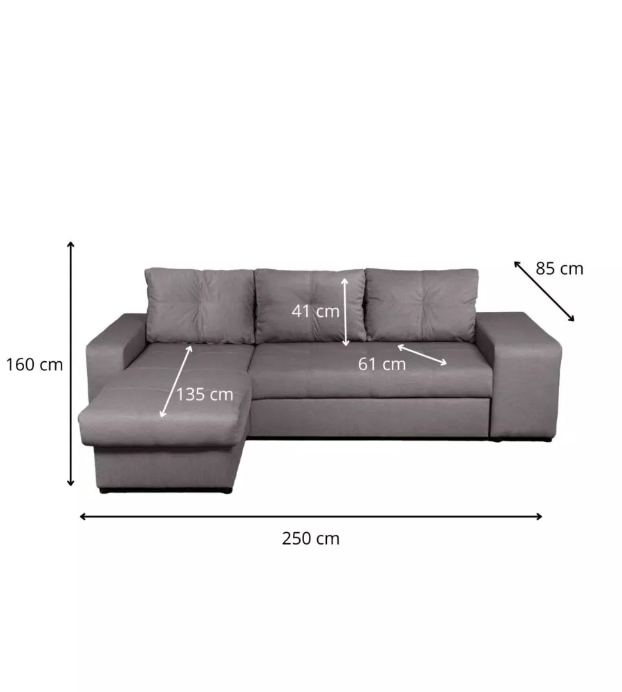 DIVANO LETTO "VIRGINIA" CON CASSETTONE E PENISOLA REVERSIBILE, 250X160X85 CM
