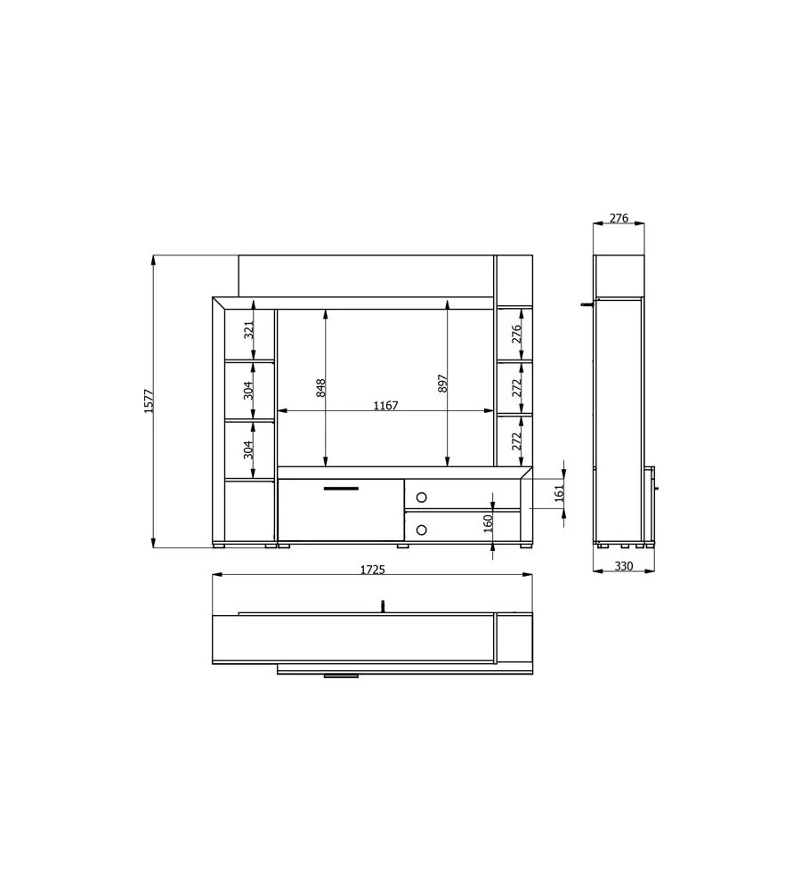 PARETE DA SOGGIORNO "VENEZIA" QUERCIA E NERO, 172X33X157 CM