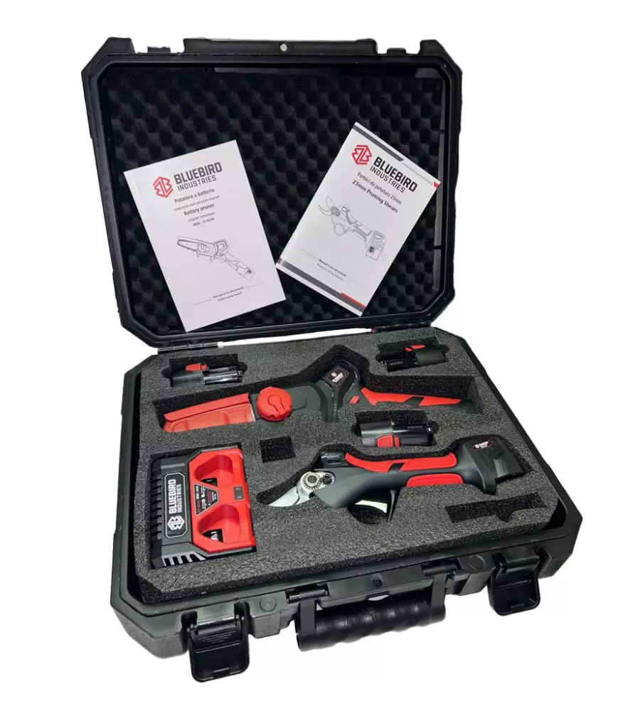 KIT FORBICE "PS 23-25FASTER" E POTATORE "CS 22-04" BLUE BIRD CON 3 BATTERIE 12,6V 2,5AH