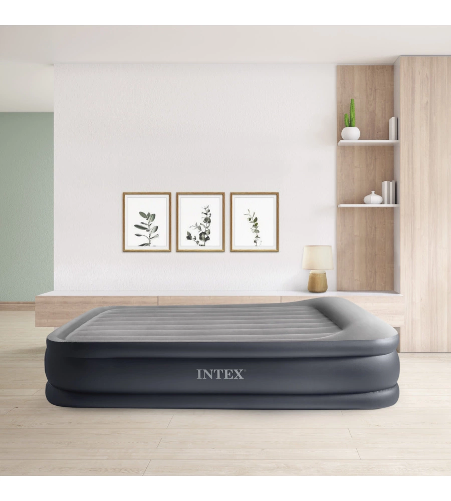 MATERASSO MATRIMONIALE AUTOGONFIANTE INTEX "AIRBED DURA-BEAM DELUXE PILLOW REST RAISED" COLORE GRIGIO CHIARO E POMPA INTEGRATA, 152X203X42 CM - COD. 64136ND