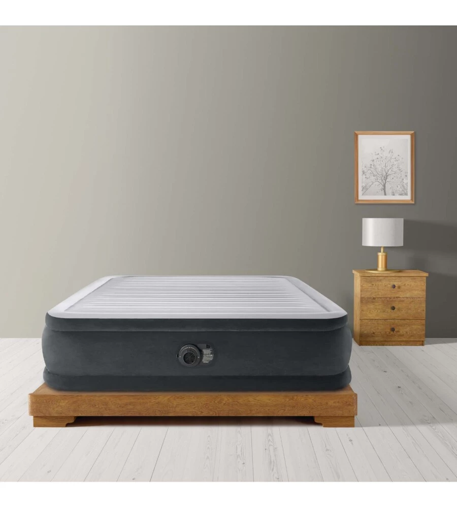 MATERASSO MATRIMONIALE AUTOGONFIANTE INTEX "AIRBED DURA-BEAM COMFORT-PLUSH ELEVATED" COLORE GRIGIO CHIARO E POMPA INTEGRATA 152X203X46 CM - COD. 64414ND