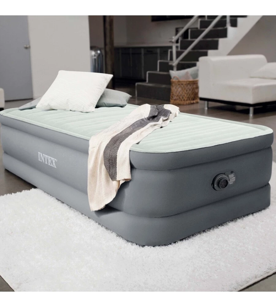 MATERASSO SINGOLO AUTOGONFIANTE INTEX "AIRBED DURA-BEAM PREMAIRE I" COLORE GRIGIO CHIARO E POMPA INTEGRATA, 99X191X46 CM - COD. 64902ND