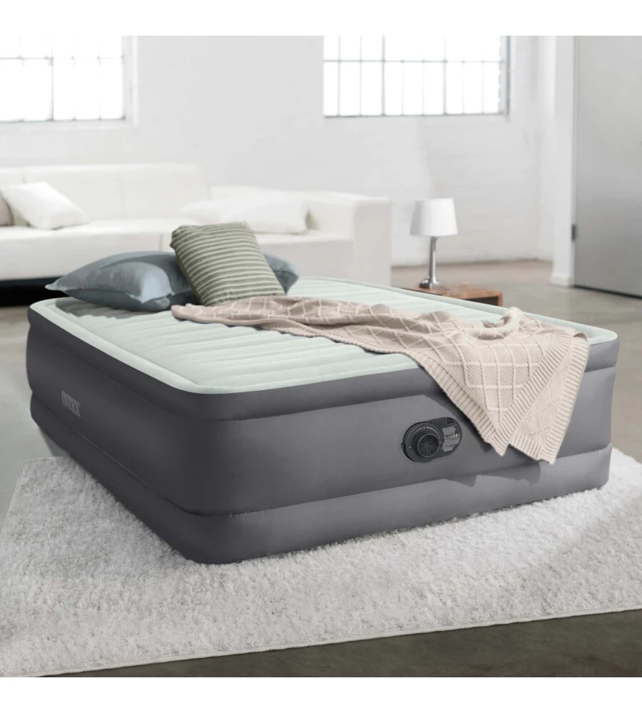 MATERASSO PIAZZA E MEZZA AUTOGONFIANTE INTEX "AIRBED DURA-BEAM PREMAIRE I" COLORE GRIGIO CHIARO CON POMPA INTEGRATA, 137X191X46 - COD. 64904ND