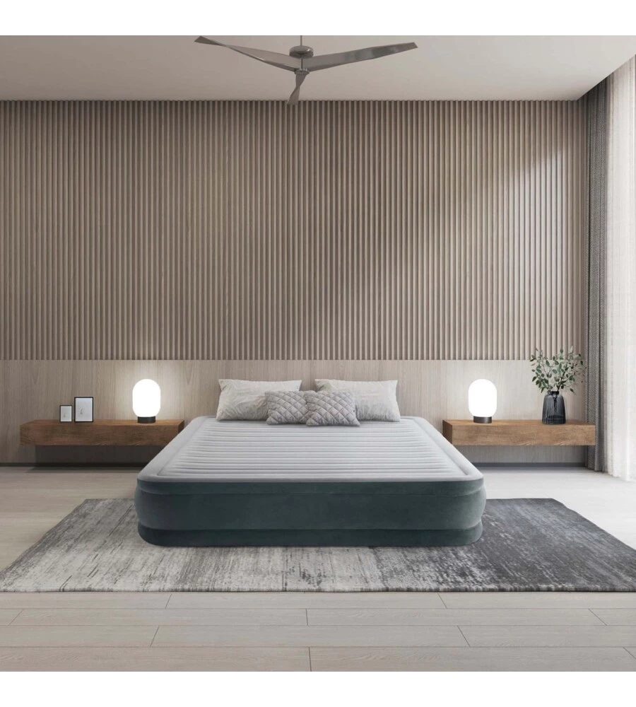 MATERASSO MATRIMONIALE AUTOGONFIANTE INTEX "AIRBED DURA-BEAM COMFORT-PLUSH MID-RISE" COLORE GRIGIO CHIARO E POMPA INTEGRATA, 152X203X33 CM - COD. 67770ND
