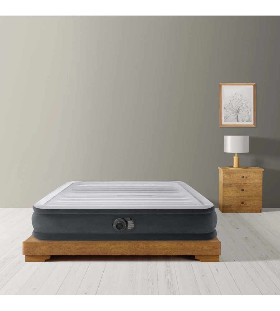 MATERASSO MATRIMONIALE AUTOGONFIANTE INTEX "AIRBED DURA-BEAM COMFORT-PLUSH MID-RISE" COLORE GRIGIO CHIARO E POMPA INTEGRATA, 152X203X33 CM - COD. 67770ND
