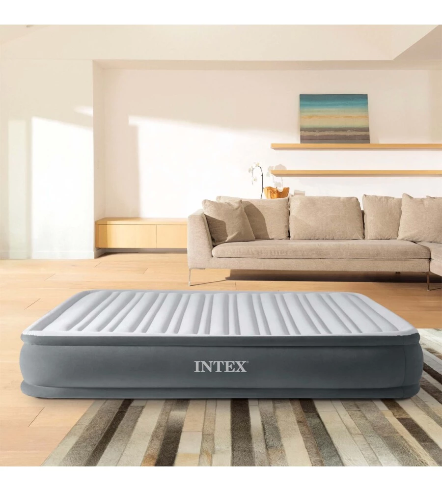 MATERASSO MATRIMONIALE AUTOGONFIANTE INTEX "AIRBED DURA-BEAM COMFORT-PLUSH MID-RISE" COLORE GRIGIO CHIARO E POMPA INTEGRATA, 152X203X33 CM - COD. 67770ND
