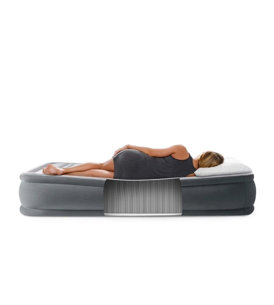 MATERASSO MATRIMONIALE AUTOGONFIANTE INTEX "AIRBED DURA-BEAM COMFORT-PLUSH MID-RISE" COLORE GRIGIO CHIARO E POMPA INTEGRATA, 152X203X33 CM - COD. 67770ND