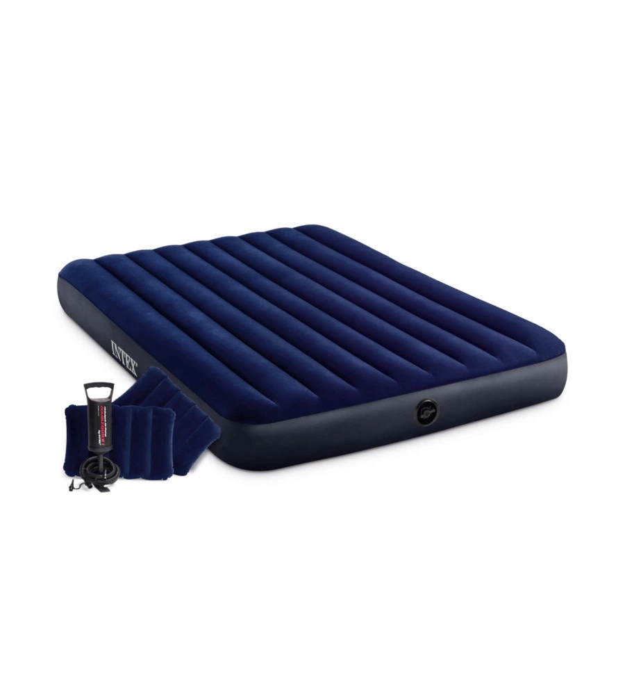 MATERASSO MATRIMONIALE GONFIABILE INTEX "AIRBED DURA-BEAM STANDARD CLASSIC DOWNY" COLORE BLU CON POMPA MANUALE E DUE CUSCINI, 152X203X25 CM - COD. 64765