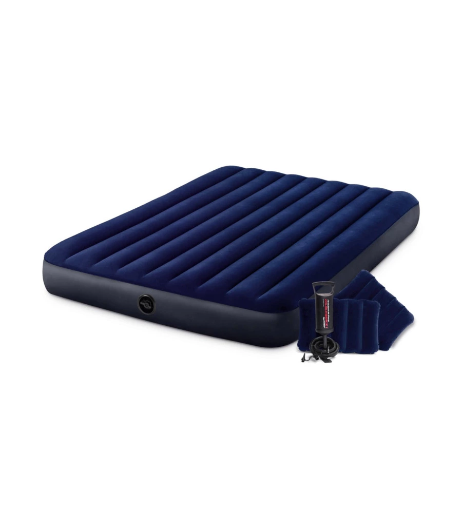 MATERASSO MATRIMONIALE GONFIABILE INTEX "AIRBED DURA-BEAM STANDARD CLASSIC DOWNY" COLORE BLU CON POMPA MANUALE E DUE CUSCINI, 152X203X25 CM - COD. 64765