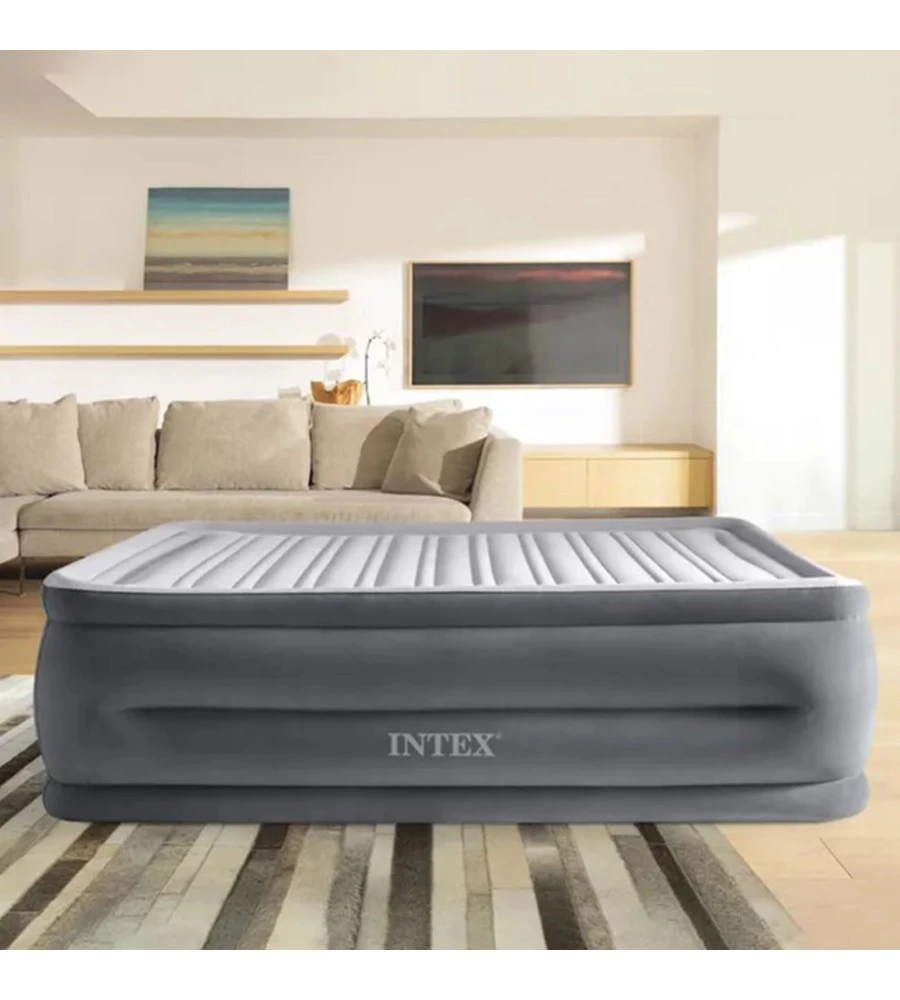 MATERASSO MATRIMONIALE AUTOGONFIANTE INTEX "AIRBED DURA-BEAM COMFORT-PLUSH HIGH-RISE" COLORE GRIGIO CHIARO E POMPA INTEGRATA, 152X203X56 CM - COD. 64418ND