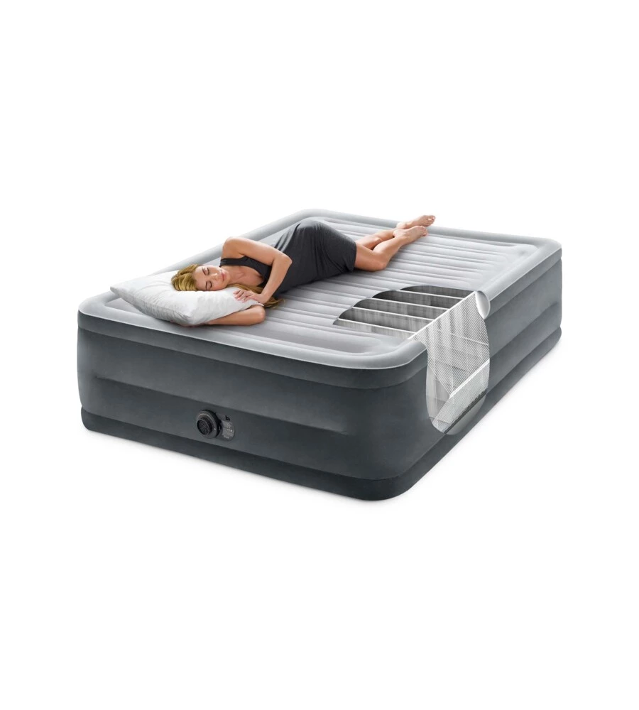 MATERASSO MATRIMONIALE AUTOGONFIANTE INTEX "AIRBED DURA-BEAM COMFORT-PLUSH HIGH-RISE" COLORE GRIGIO CHIARO E POMPA INTEGRATA, 152X203X56 CM - COD. 64418ND