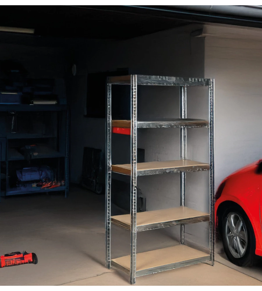 SCAFFALE IN METALLO ZINCATO EASY SYSTEM CON 5 RIPIANI IN MDF, 90X40X180 CM