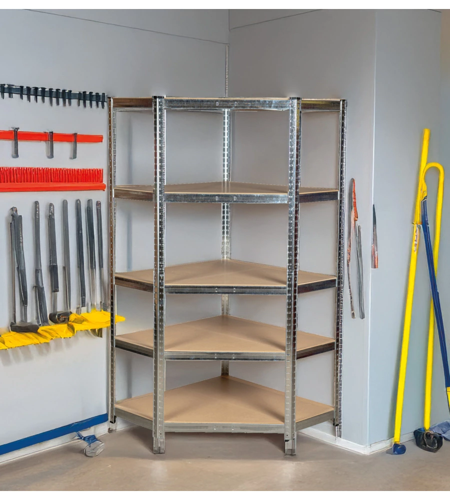 SCAFFALE ANGOLARE IN METALLO EASY SYSTEM CON 5 RIPIANI IN MDF, 90X90X40X40X180 CM