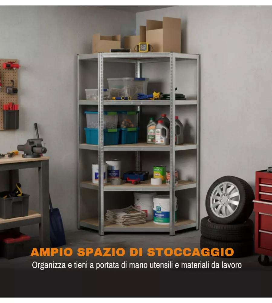 SCAFFALE ANGOLARE IN METALLO EASY SYSTEM CON 5 RIPIANI IN MDF, 90X90X40X40X180 CM