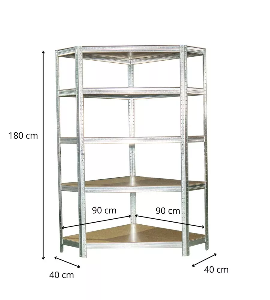 SCAFFALE ANGOLARE IN METALLO EASY SYSTEM CON 5 RIPIANI IN MDF, 90X90X40X40X180 CM
