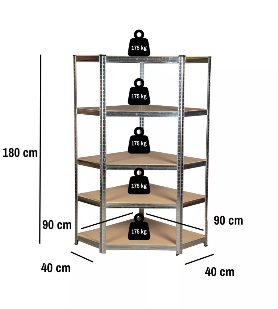 SCAFFALE ANGOLARE IN METALLO EASY SYSTEM CON 5 RIPIANI IN MDF, 90X90X40X40X180 CM