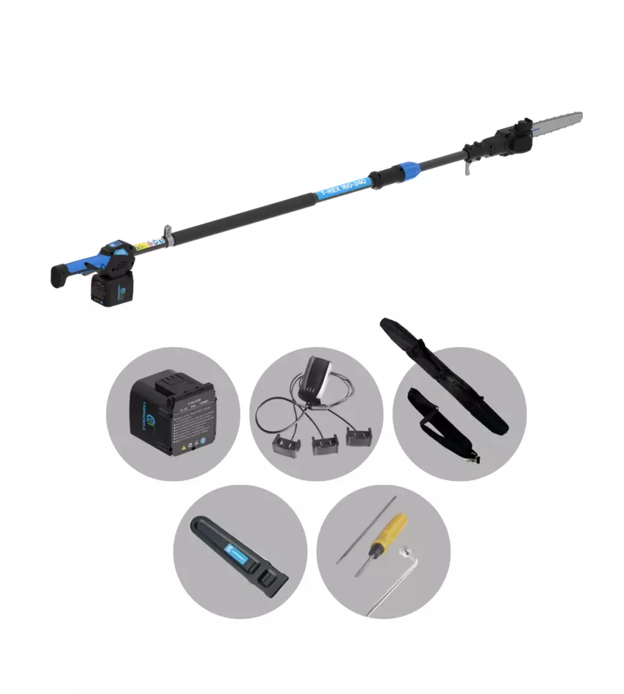 POTATORE A CATENA TELESCOPICO A BATTERIA CAMPAGNOLA "T-REX 160-240" BARRA 21 CM 21,6V 5AH, CARICABATTERIE TRIPLA USCITA, TRACOLLA, SACCA DA TRASPORTO, KIT ATTREZZI E COPRI-BARRA