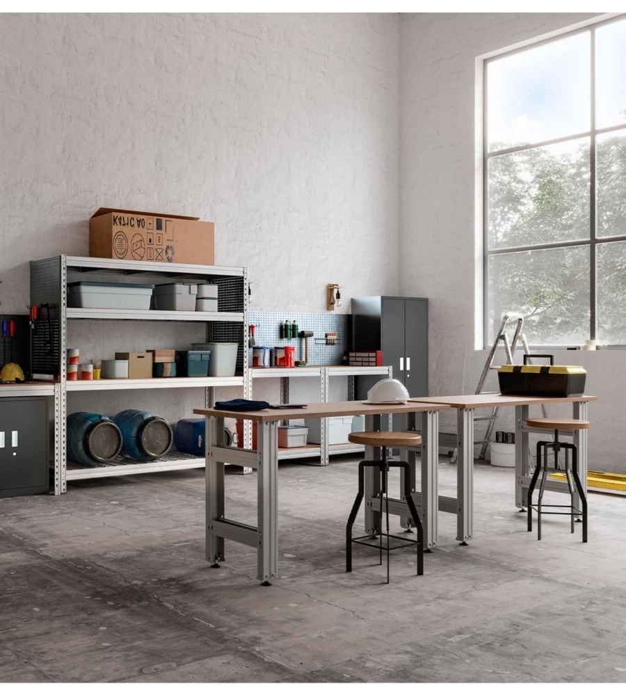 BANCO DA LAVORO CON STRUTTURA IN ACCIAIO E PIANO IN LEGNO MASSICCIO, 150X60X90 CM